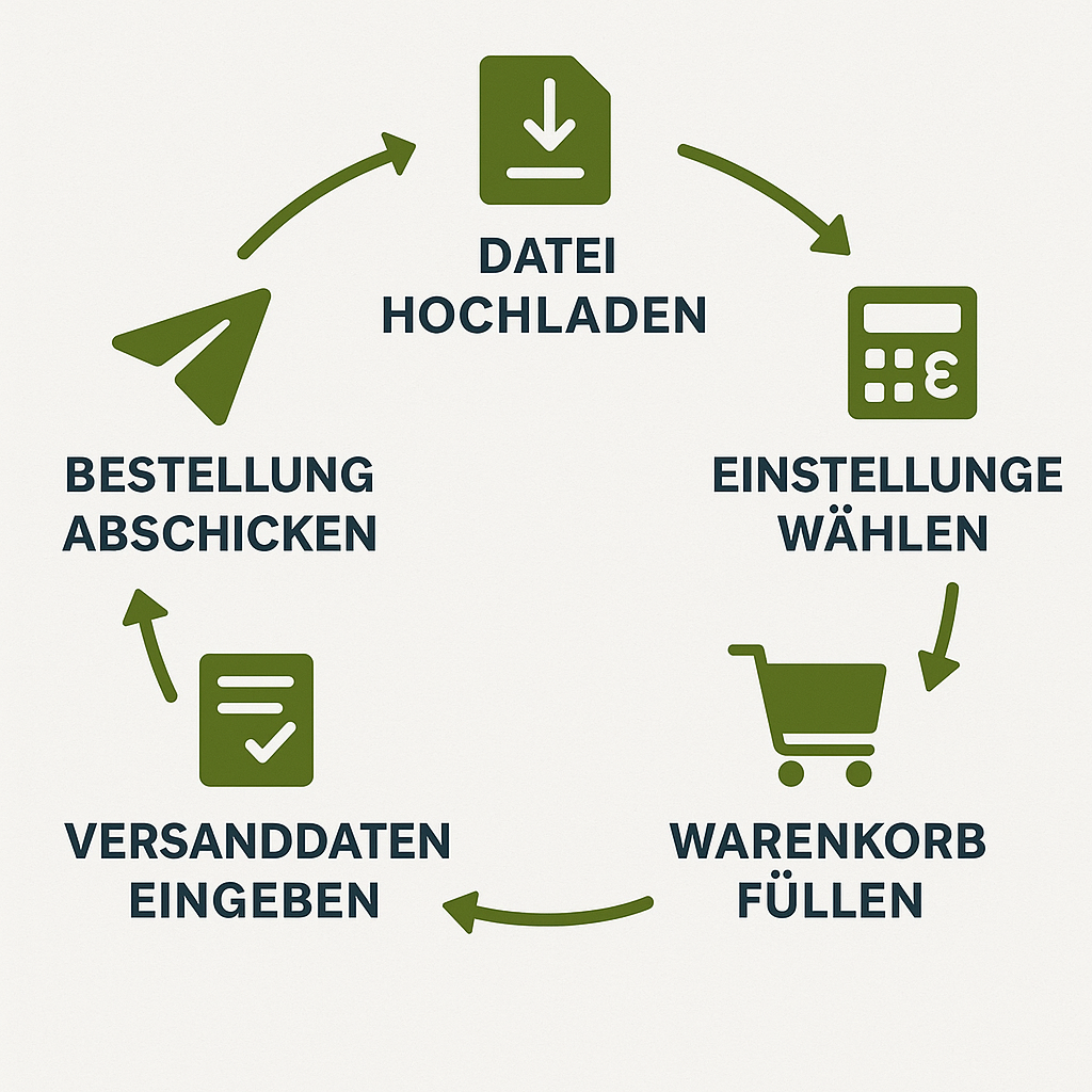 Infografik: 6-Schritte-Ablauf im Lux3D-Konfigurator – Datei hochladen, Einstellungen wählen, Preis berechnen, in den Warenkorb legen, Versanddaten eingeben und Bestellung abschicken.