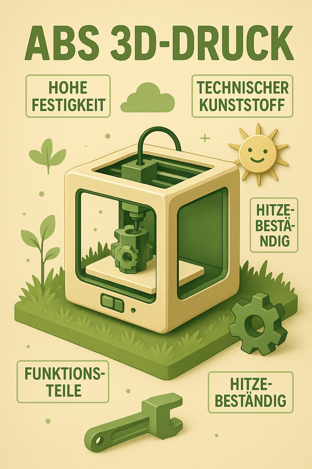 ABS 3D-Druck Service – hitzebeständige und robuste Funktionsteile aus technischem Kunststoff, dargestellt als Illustration mit 3D-Drucker und Zahnrad